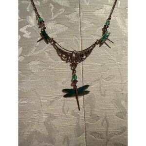 Sadie Green Womens Nouveau-style Green Enamel Brass Dragonfly Necklace Vintage